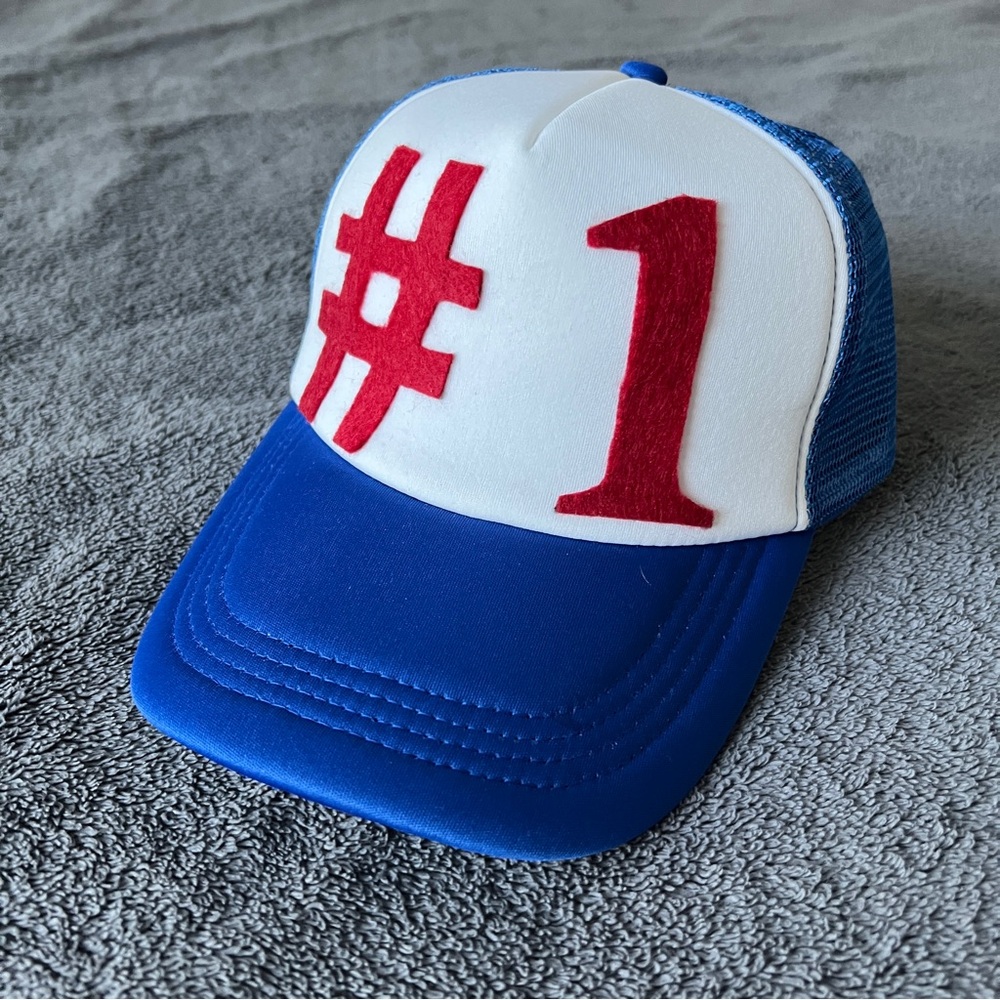 🔥#1 Blue and White Cap with Red Number